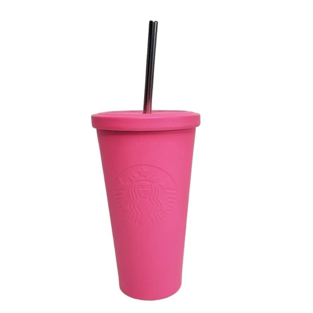 Starbucks‎ 2014 Matte Hot Pink Stainless Steel Tumbler Straw 16oz Iced Coffee